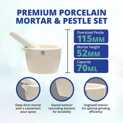 United Scientific™ Ceramic Mortar and Pestle Set - 70mL Capacity, 2.75" Diameter Pill Crusher - Deep Form Grinding Bowl with Pour Spout, Unglazed Pill Grinder Surface for Kitchen or Lab Use