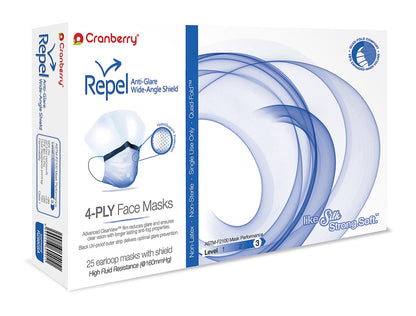 Cranberry USA R2980SA Repel 4-Ply Ear Loop Face Mask with Shield, Sapphire (Pack of 25)
