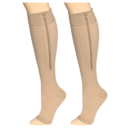 NuVein Medical Compression Stockings, 15-20 mmHg Support, Zipper Opening, Knee Length, Closed Toe, Beige, Medium