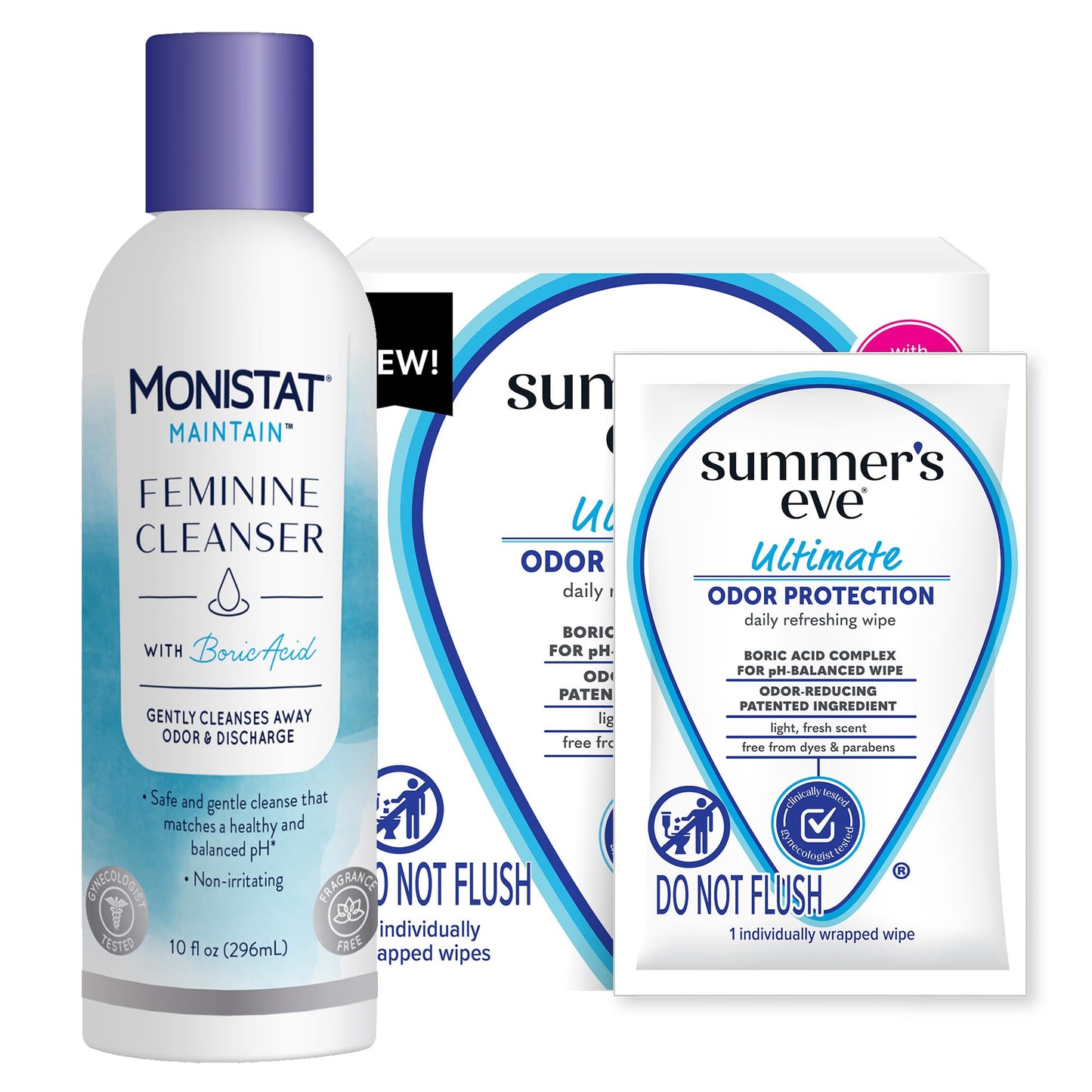Monistat Feminine Cleanser with Boric Acid, 10 Fl Oz and Summer's Eve pH Balanced Feminine Wipes with Boric Acid, 12 Count