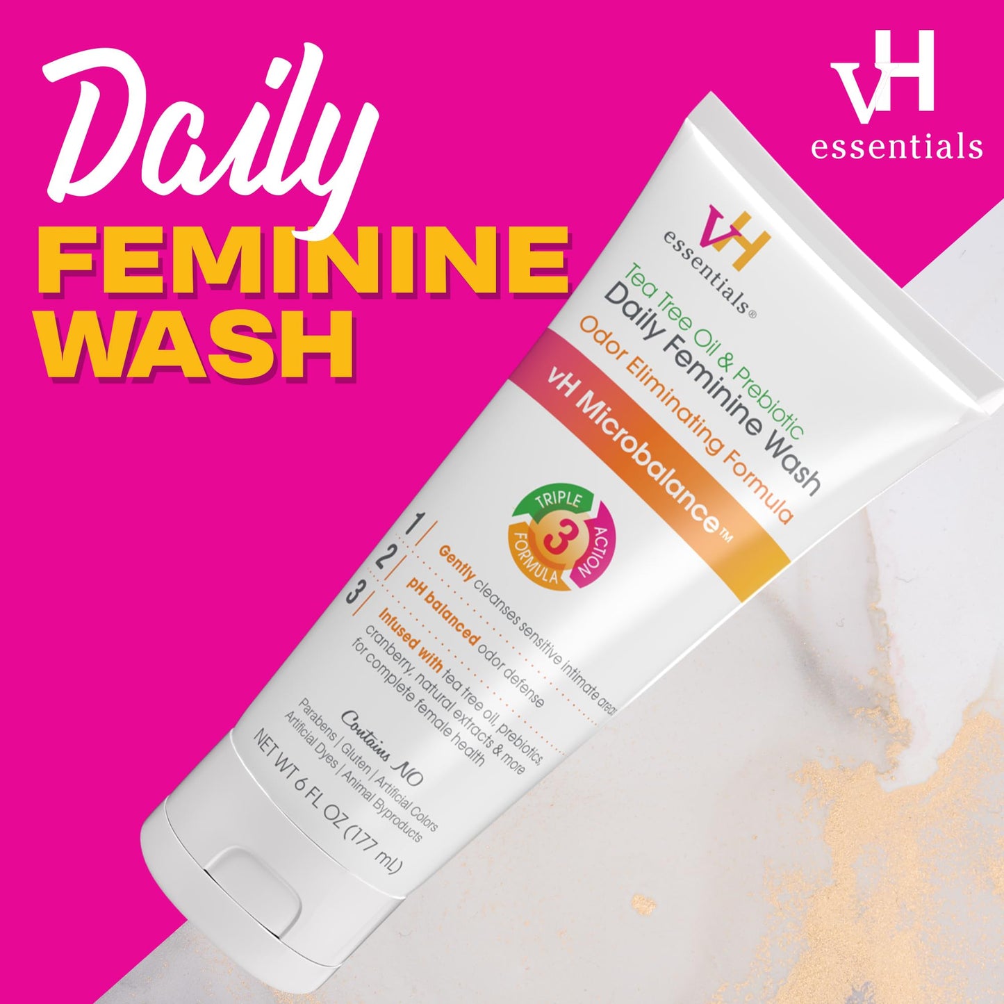 vH essentials Probiotics with Prebiotics and Cranberry Feminine Health Supplement & Ph Balanced Daily Feminine Wash, Tea Tree Oil & Prebiotic, 6, Fl Oz, (Pack of 1) 54306 Clear