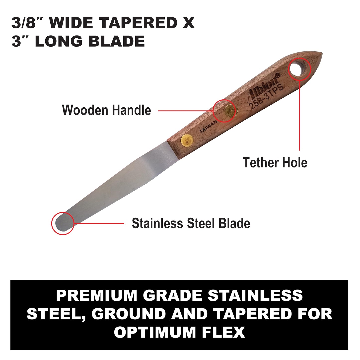Albion Engineering Company 258-3TPS Classic Tapered Spatula, Stainless Steel, Hardwood Handle, 3/8" Wide Tapered Tip x 3" Long Blade