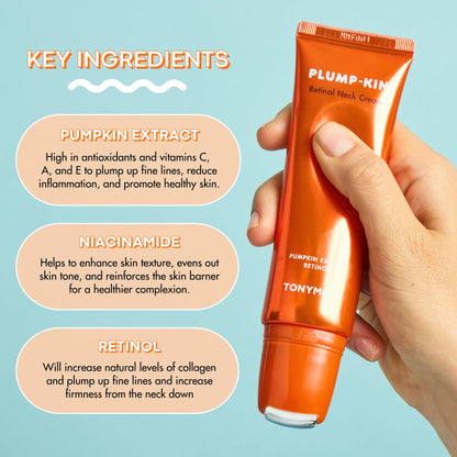 TONYMOLY Plump-kin Retinol Neck Cream Roller – Anti-Aging Neck Cream for Tightening & Firming, Pumpkin Extract + Retinol, Hydrolyzed Collagen, 1.69 fl oz