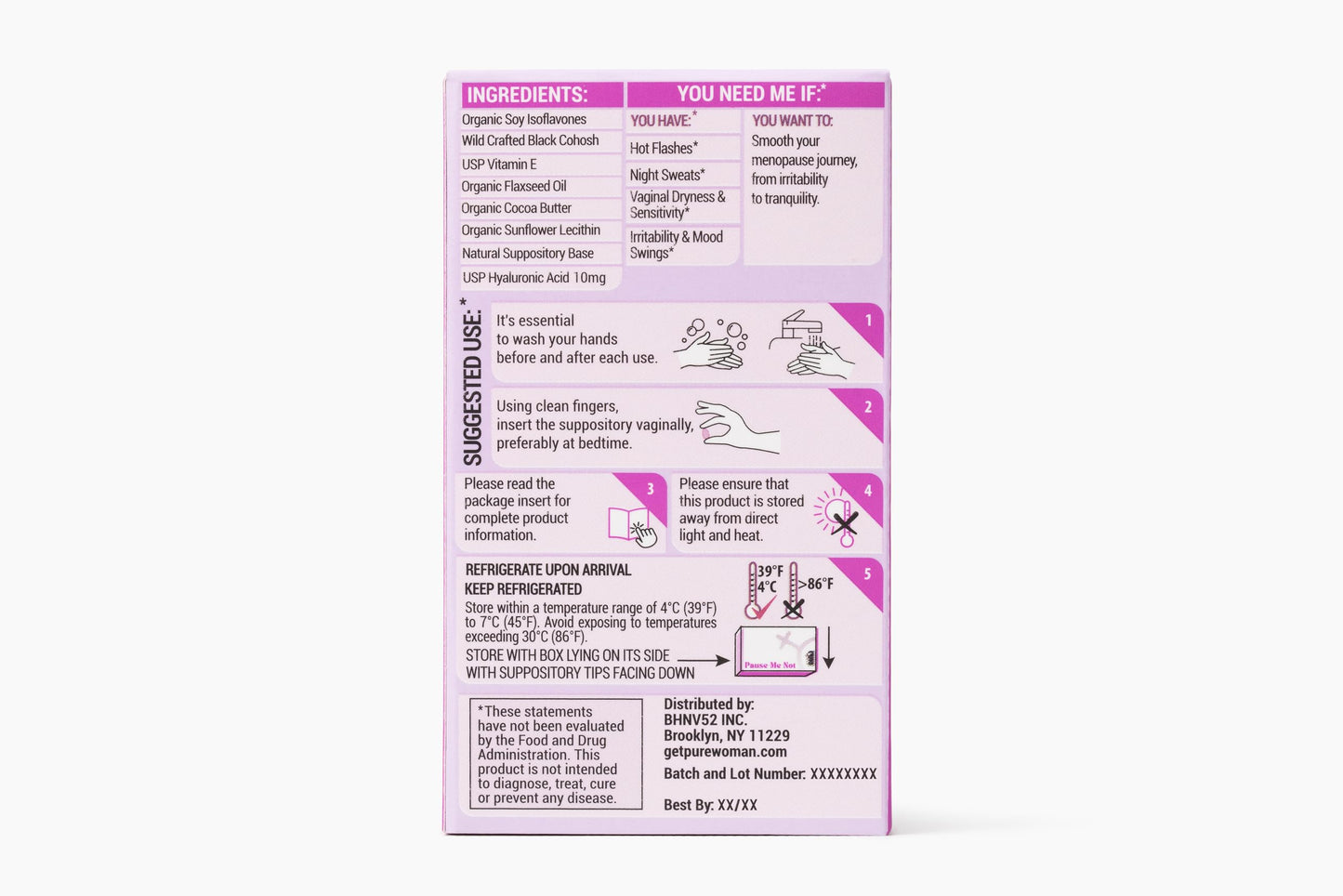 PURE WOMAN - Pause-Me-Not Suppositories - Menopausal Symptom Relief - Natural Ingredients - Relieves Hot Flashes & Vaginal Dryness - Promotes Stable Mood - Enhanced Vaginal Relief - 10 Pk