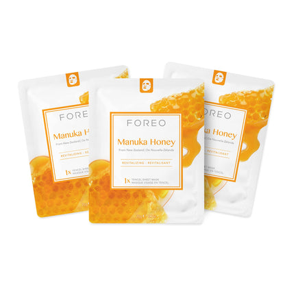 FOREO Facial Sheet Mask Manuka Honey Revitalizing for Dry and Fatigued Skin, 3 pack, Anti-Aging, Deeply Nourishing Clean Forumula, Cruelty-free, Compatible with UFO devices