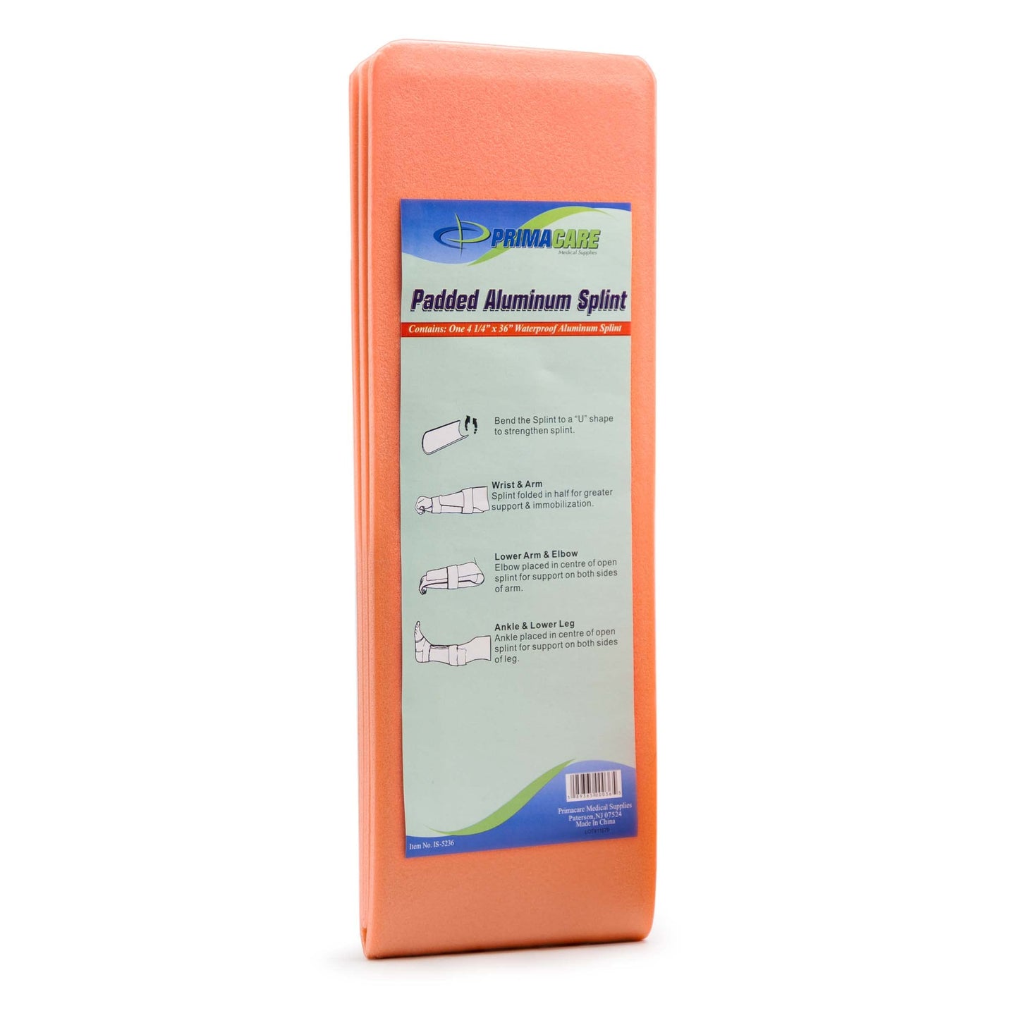 Primacare IS-5236 36" Padded Aluminum Splint for Hands, Legs, Fractured Limbs, Nose, Ankle or Braces, Universal Waterproof Medical Tactical Splints for First Aid and Emergency Support, Orange