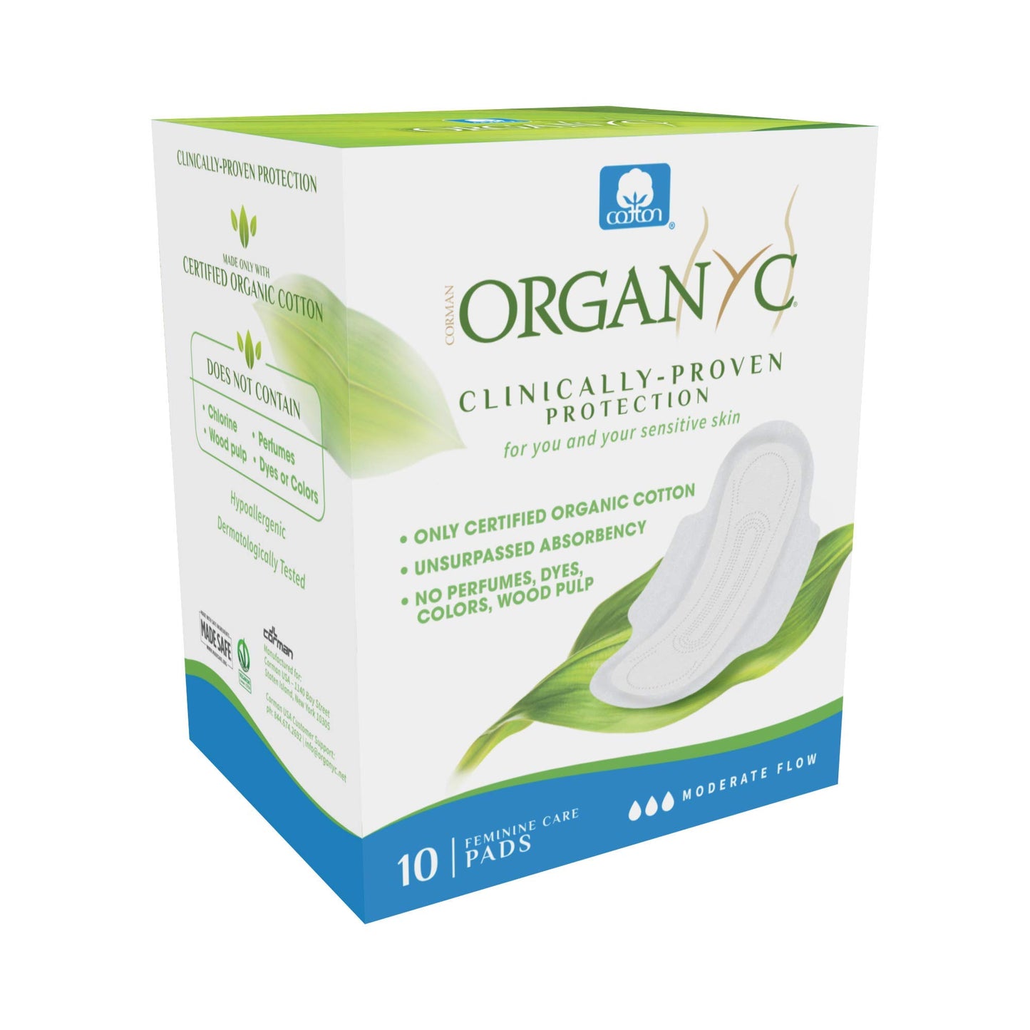 Organyc 100% Certified Organic Cotton Sanitary Napkin, Heavy Flow + Moderate Flow Feminine Pads, 10 Count