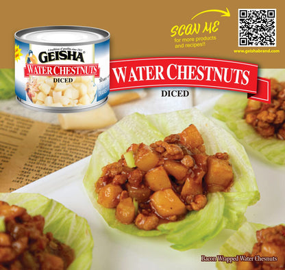 GEISHA Water Chestnuts Diced 8OZ. (Pack of 12), Water Chestnuts | Kosher Certified － No Salt & Sugar added － Gluten Free－Less than 100 Calories per Container