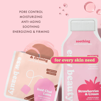 ESW Beauty Most Loved K Beauty Skincare Set - Hydrating Face Masks & Under Eye Patches - Iced Chai Latte Eye Patches - Strawberries & Cream, Deep Detox, The Pink Dream, & Green Reset Face Masks