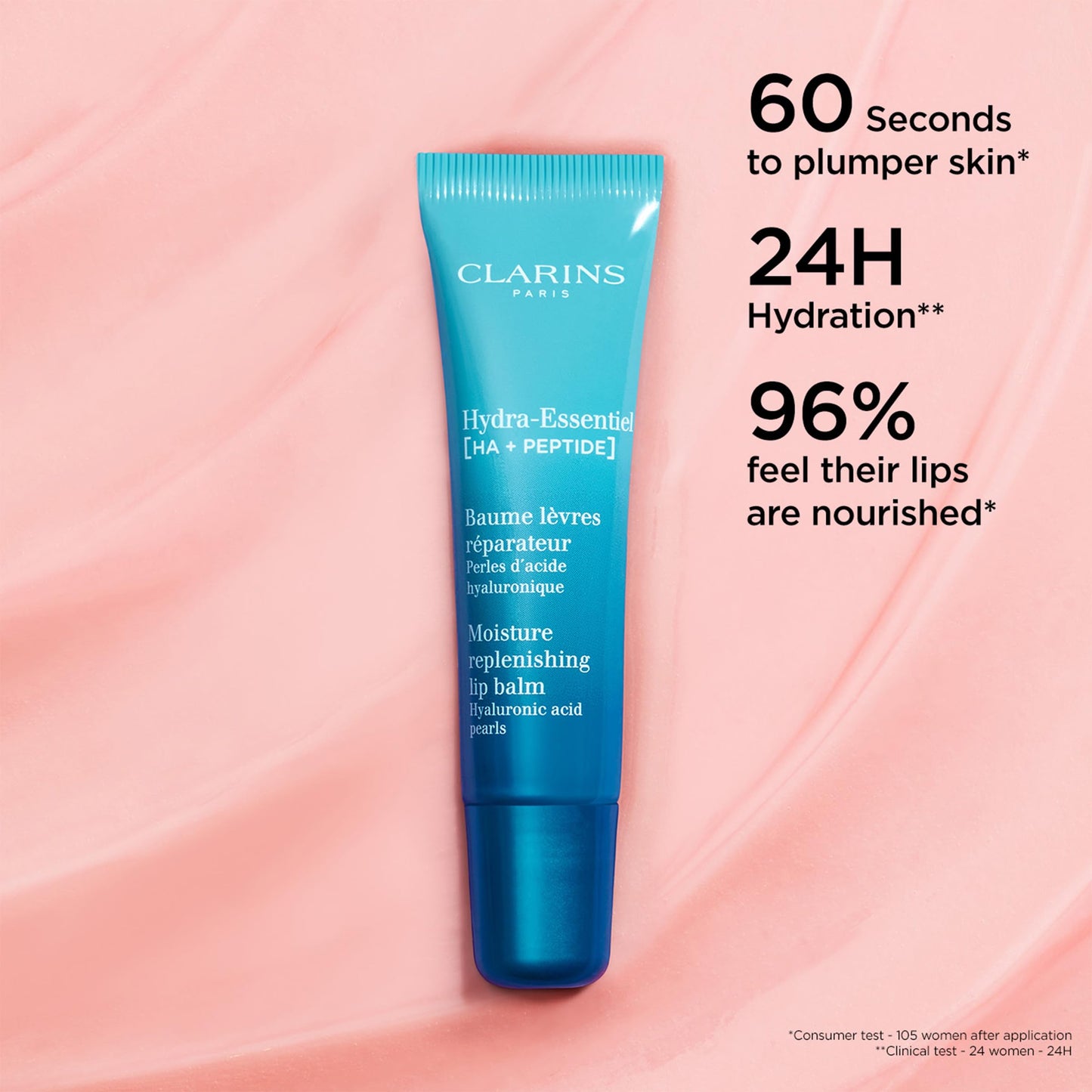 Clarins Hydra-Essentiel Moisture Replenishing Lip Balm | 60 Seconds to Plumper Skin* | 24H Hydration* | Contains Hyaluronic Acid + Plumping Peptides | All Skin Types | 0.5 Ounces