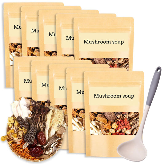 KWOLYKIM Mushroom Soup Package of 11 Type of Mushrooms, Dried Organic Mushroom Soups Set with Soup Ladle, Rehydrate Quickly, Individually Wrapped Packets (45g, 10 Pack)