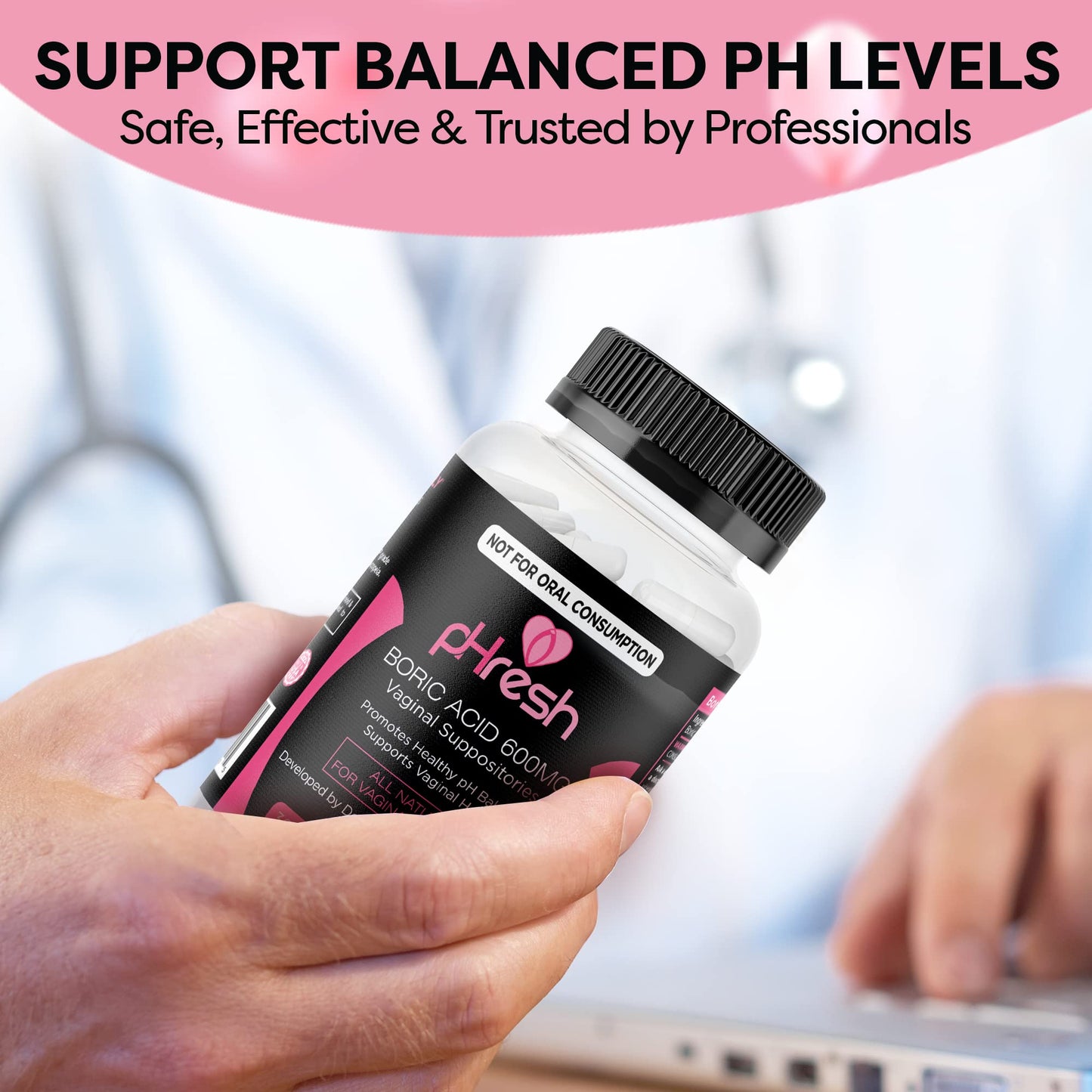 pHresh Boric Acid Suppositories for Women, Suppositories for Odor Use, Natural Feminine Care Supports Vaginal Health & Promotes Healthy pH Balance - Made in USA