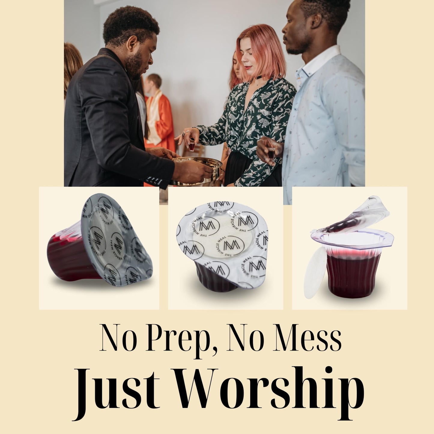 The Miracle Meal Pre-Filled Communion Cups with Larger Tab and Wafer Set - Box of 100 - Made with Concord Grape Juice & Wafer - Made in the USA