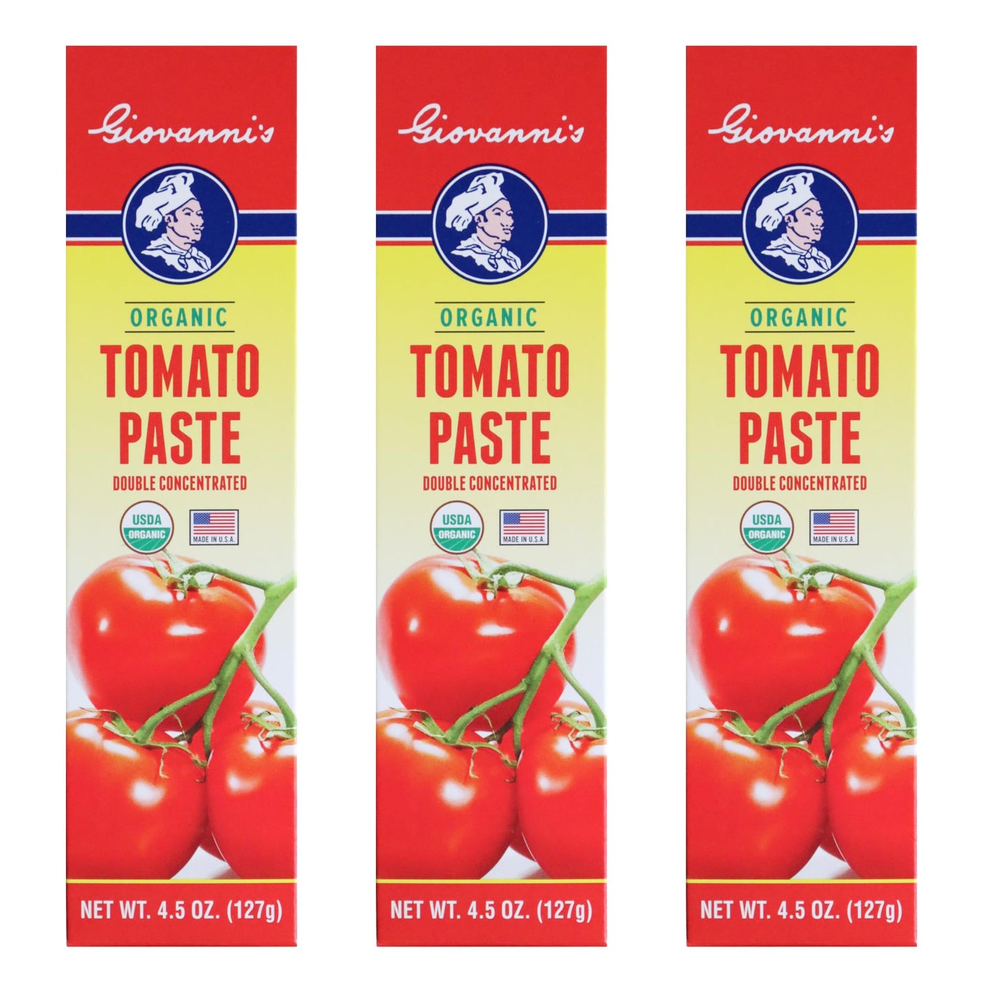 Giovanni’s Organic Double Concentrated Tomato Paste – 3 Pack (4.5 oz Tubes) | Made in the USA with Vine-Ripened California Tomatoes, Non-GMO, No Additives, Rich Flavor