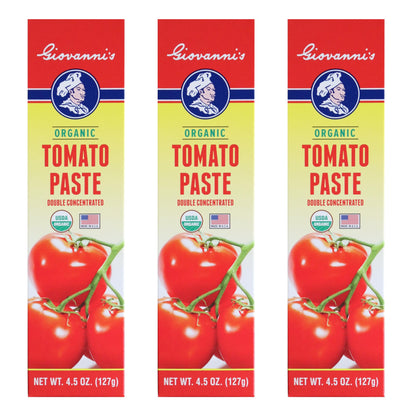 Giovanni’s Organic Double Concentrated Tomato Paste – 3 Pack (4.5 oz Tubes) | Made in the USA with Vine-Ripened California Tomatoes, Non-GMO, No Additives, Rich Flavor