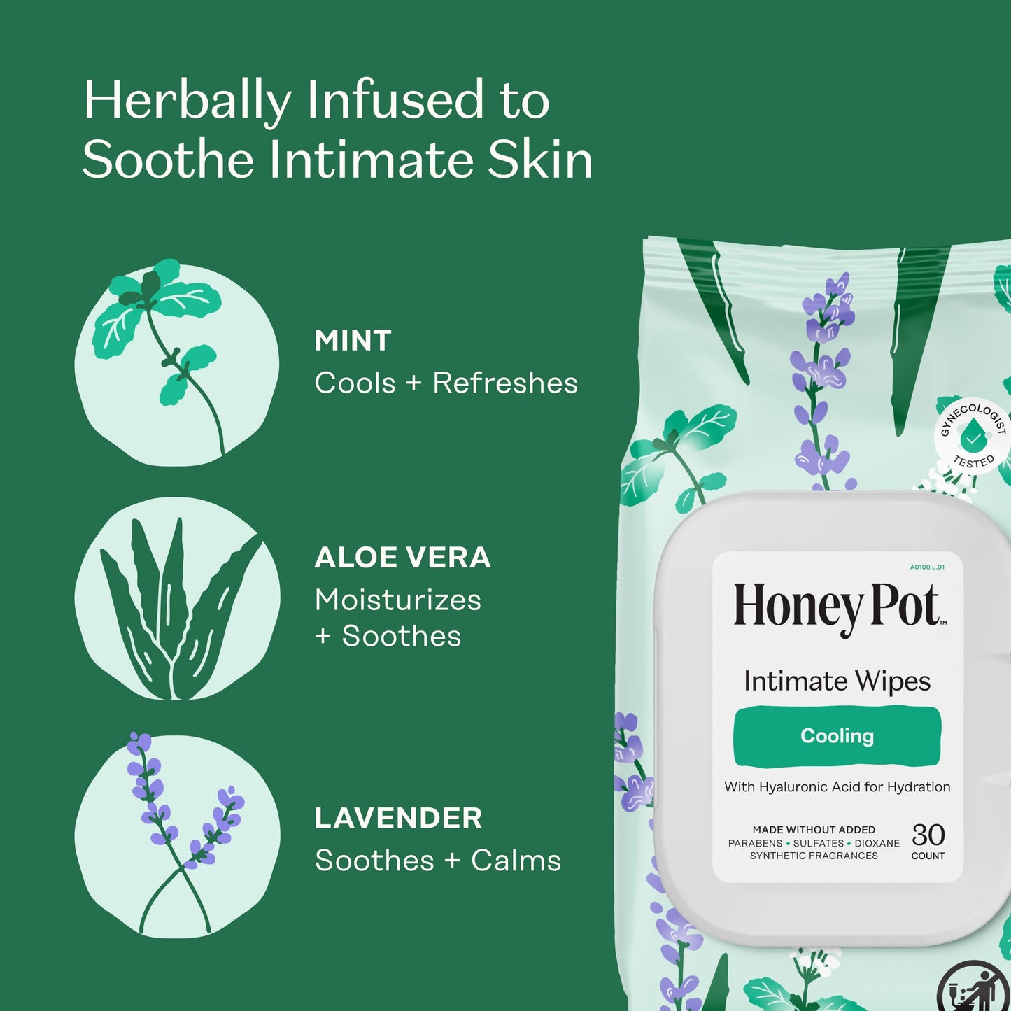 Honey Pot - Feminine Wipes - Daily PH Balancing, Fragrance & Sulfate Free Wipes for Intimate Parts, Body, or Face - Hygiene Products - Cooling 30 ct
