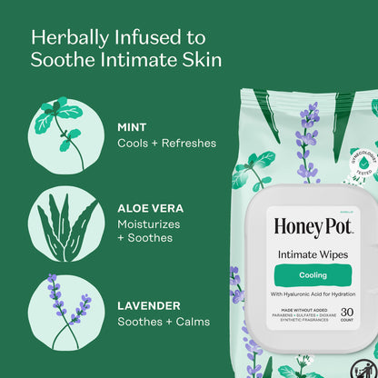 Honey Pot - Feminine Wipes - Daily PH Balancing, Fragrance & Sulfate Free Wipes for Intimate Parts, Body, or Face - Hygiene Products - Cooling 30 ct