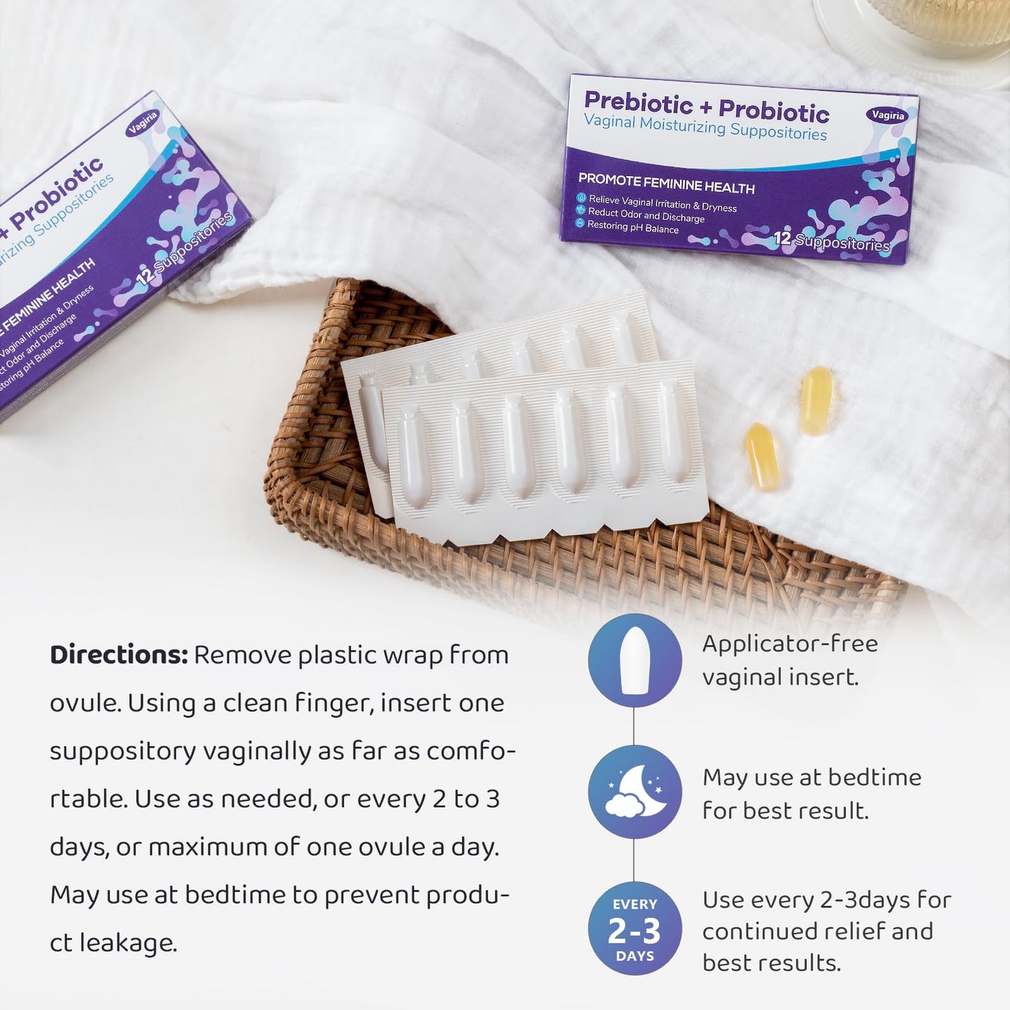 Vaginal Probiotic Suppositories, Prebiotic Infused with Hyaluronic Acid, Tea Tree, and Vitamin C&E, pH Balance Support Formula Fights Dryness, Odor and Discomfort, Restore Feminine Health(12 Counts)