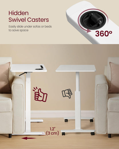 VASAGLE Overbed Table with Wheels, Mobile Standing Computer Desk, 27.6 x 15.7 Inches Tabletop, Adjustable Height, 2 Cup Holders, Phone and Tablet Slot, Cloud White ULSD600W01