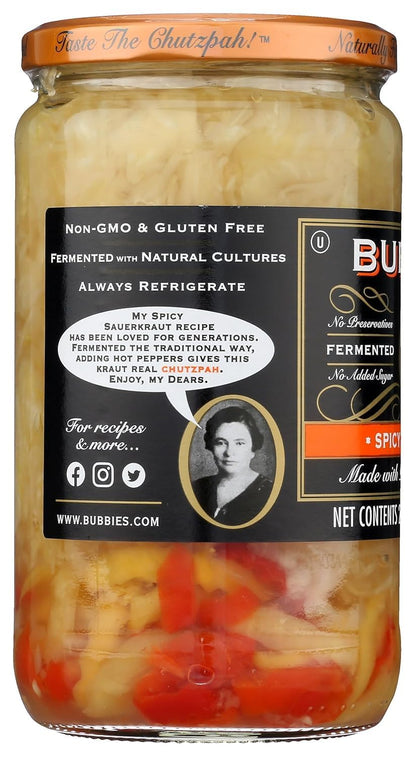 Bubbies Spicy Sauerkraut, 25 fl oz – Pack of 2 – Naturally Fermented, Probiotic-Rich, Gluten-Free, Bold & Tangy Flavor