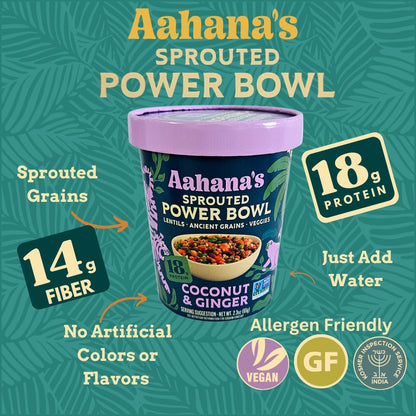 Aahana’s Coconut & Ginger Sprouted Power Bowl - Gluten-Free Plant-Based Instant Meal with Sprouted Lentils and Grains - 18g Protein, 14g Fiber, Vegan, Non-GMO, Kosher - Ready in 5 Minutes (6 Pack)