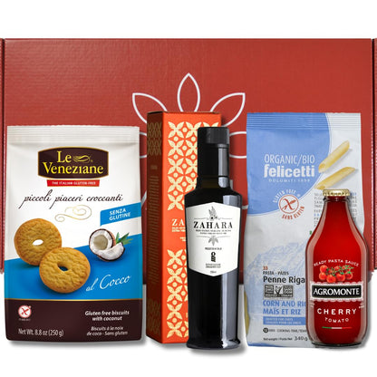 Brava Guilia Gluten Free Dinner Gift Box and Dessert Kit With Organic Pasta, Olive Oil, Tomato Sauce and Cookies all made in Italy