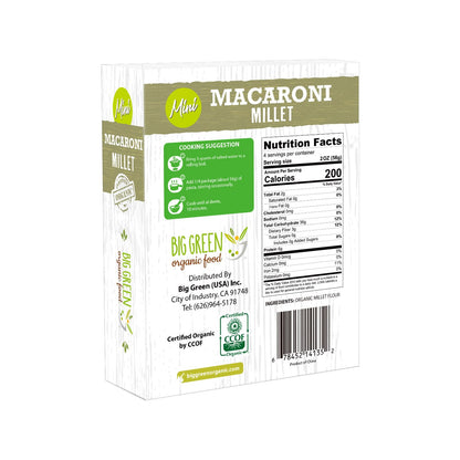 Big Green Organic Food - Organic Mini Millet Macaroni Pasta, Gluten-Free, Non-GMO, Vegan, Plant-Based, Kids' Favorite, 8.8 oz (1 Box)