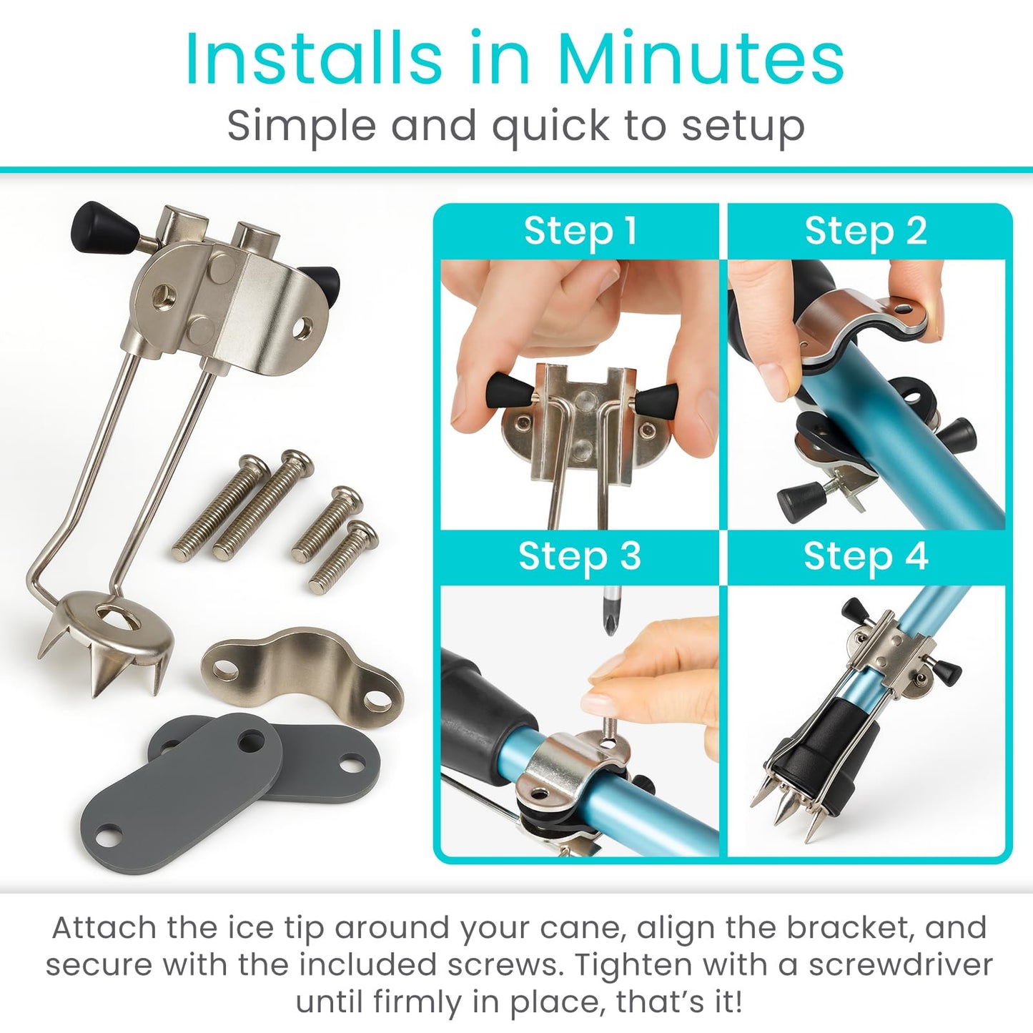 Vive Cane Tips for Ice - All Terrain Heavy Duty (2 Pack) Metal Retractable 4-Prong Hiking Attachment - Replacement Grip for Walking Sticks, Trekking Pole, Crutches, Tip Points for Winter Snow Safety