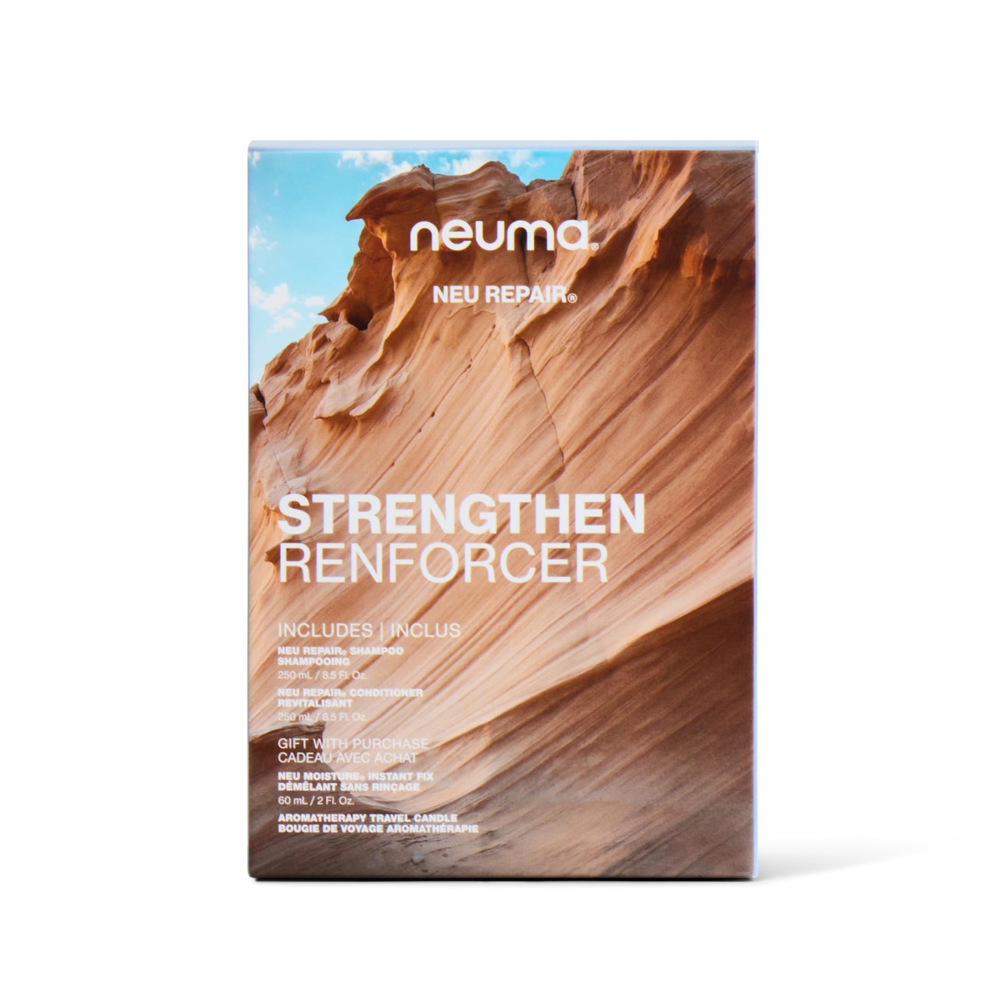 NEUMA Glow Strong. Glow Bright. Strengthen Gift Set. Neu Repair 8.5 Fl Oz. Shampoo and Conditioner + Neu Moisture 2 Fl. Oz. Instant Fix + Aroma Therapy Travel Candle