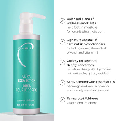 Malibu C Ultra Body Lotion - Hydrating Lotion for Extremely Dry Skin - Delivers Weightless Moisture & Radiant Glow - Safe for All Skin Types (16 fl oz)