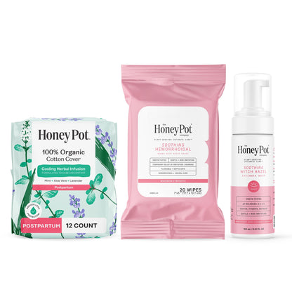 The Honey Pot Company - Postpartum Pads, Wash, & Wipe Bundle - Postpartum Essentials - 12ct Pads, Witch Hazel Feminine Wash, 20ct Witch Hazel Feminine & Hemorrhoid Wipes