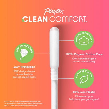 Playtex Clean Comfort Organic Cotton Tampons, Super Absorbency, Fragrance-Free, Organic Cotton - 30ct