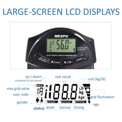 GRIPX Digital Hand Dynamometer Grip Strength Measurement Meter Auto Capturing Electronic Hand Grip Power 198Lbs / 90Kgs