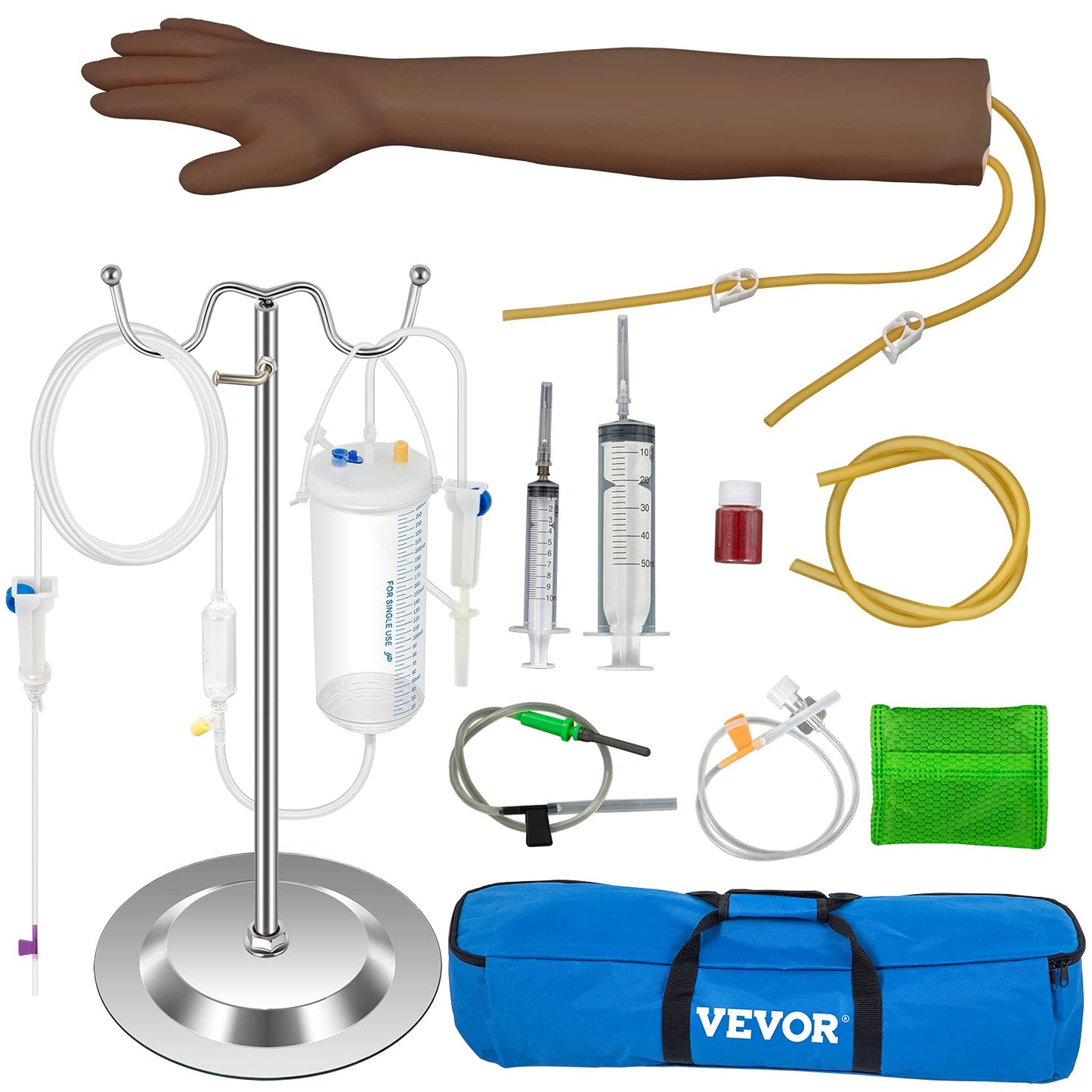 VEVOR IV Practice Kit Phlebotomy Practice Kit with Dark Skin, Venipuncture Practice Kit Skills Learning Model Arm Kit with Height Adjustable Infusion Stand for Students, Nurse