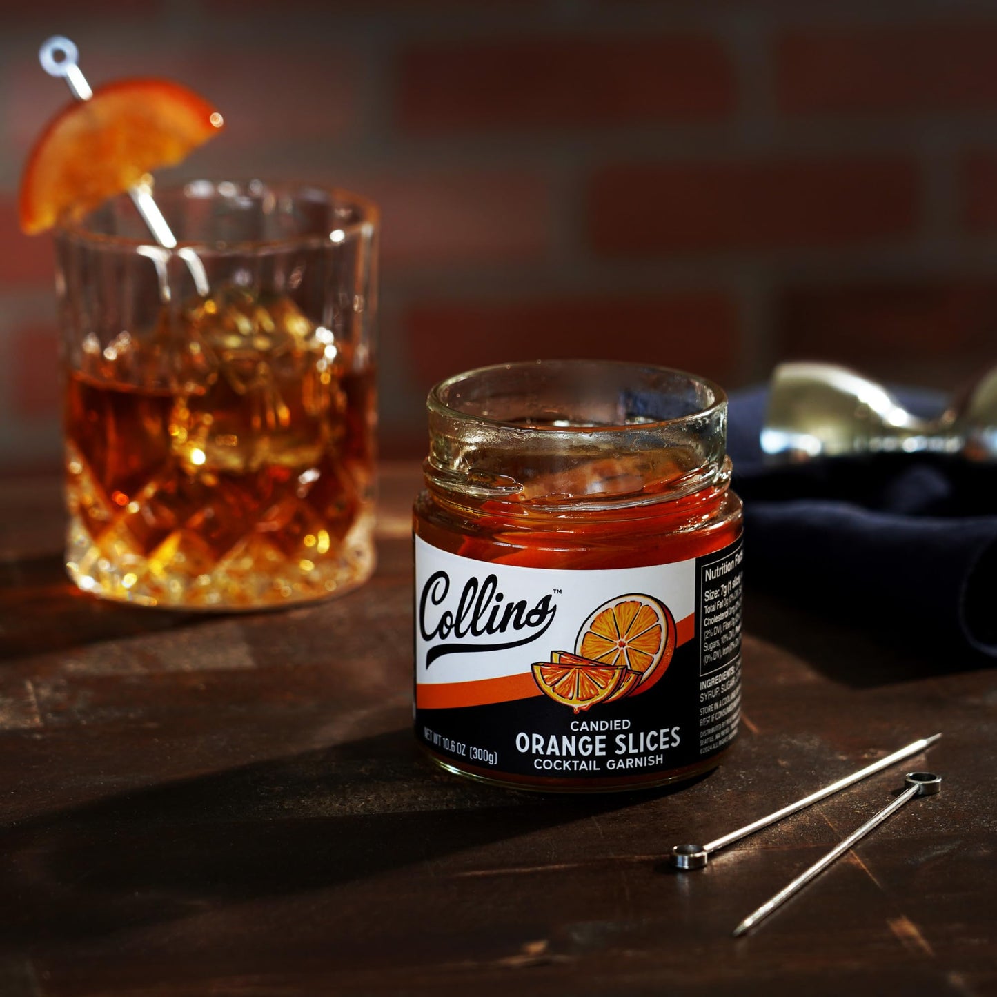 Collins Candied Orange Slices in Syrup, Candied Fruit Slices Cocktail Accessories for Drinks, Orange Slices Candy Drink Garnishes 10.6oz