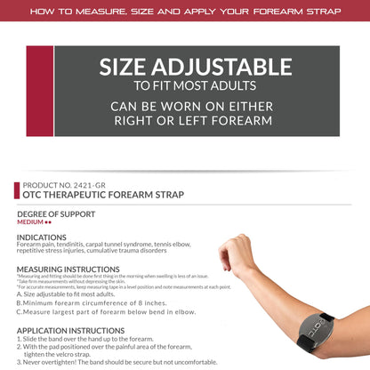 OTC Forearm Compression Strap for Tennis Elbow, Golfers Elbow, Recovery, Graphite Color, Adjustable/Universal