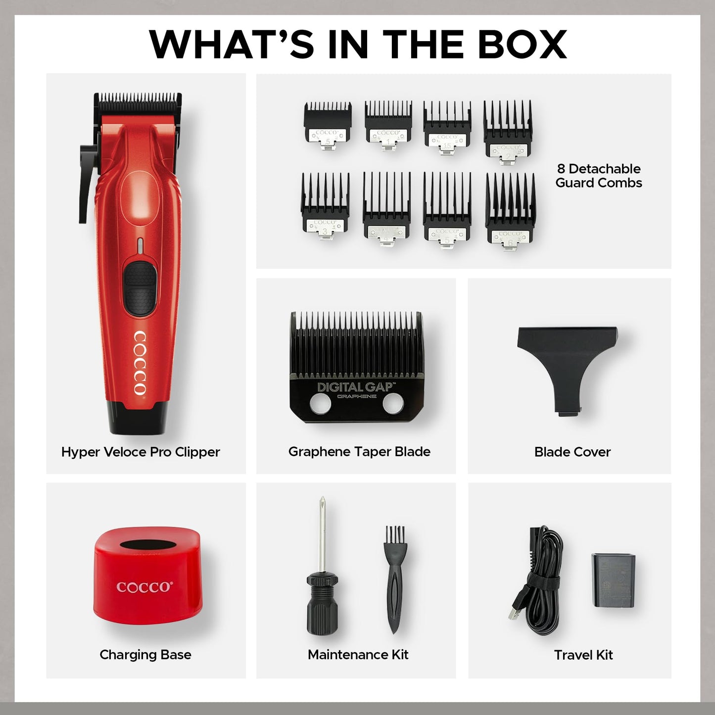 Cocco Hyper Veloce Pro Clipper, Digital Gap Ambassador Graphene Taper Blade Professional Hair Clippers, High-Torque BLDC Motor, All-Metal, Cordless, Charging Station Included