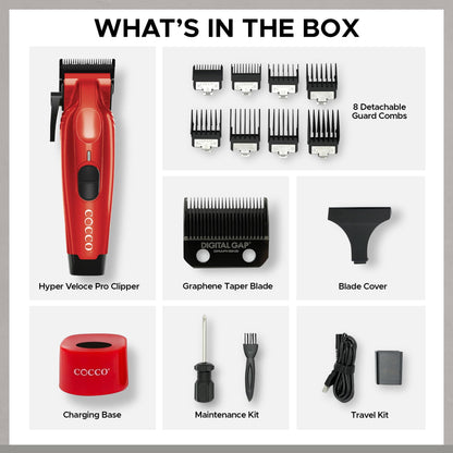 Cocco Hyper Veloce Pro Clipper, Digital Gap Ambassador Graphene Taper Blade Professional Hair Clippers, High-Torque BLDC Motor, All-Metal, Cordless, Charging Station Included