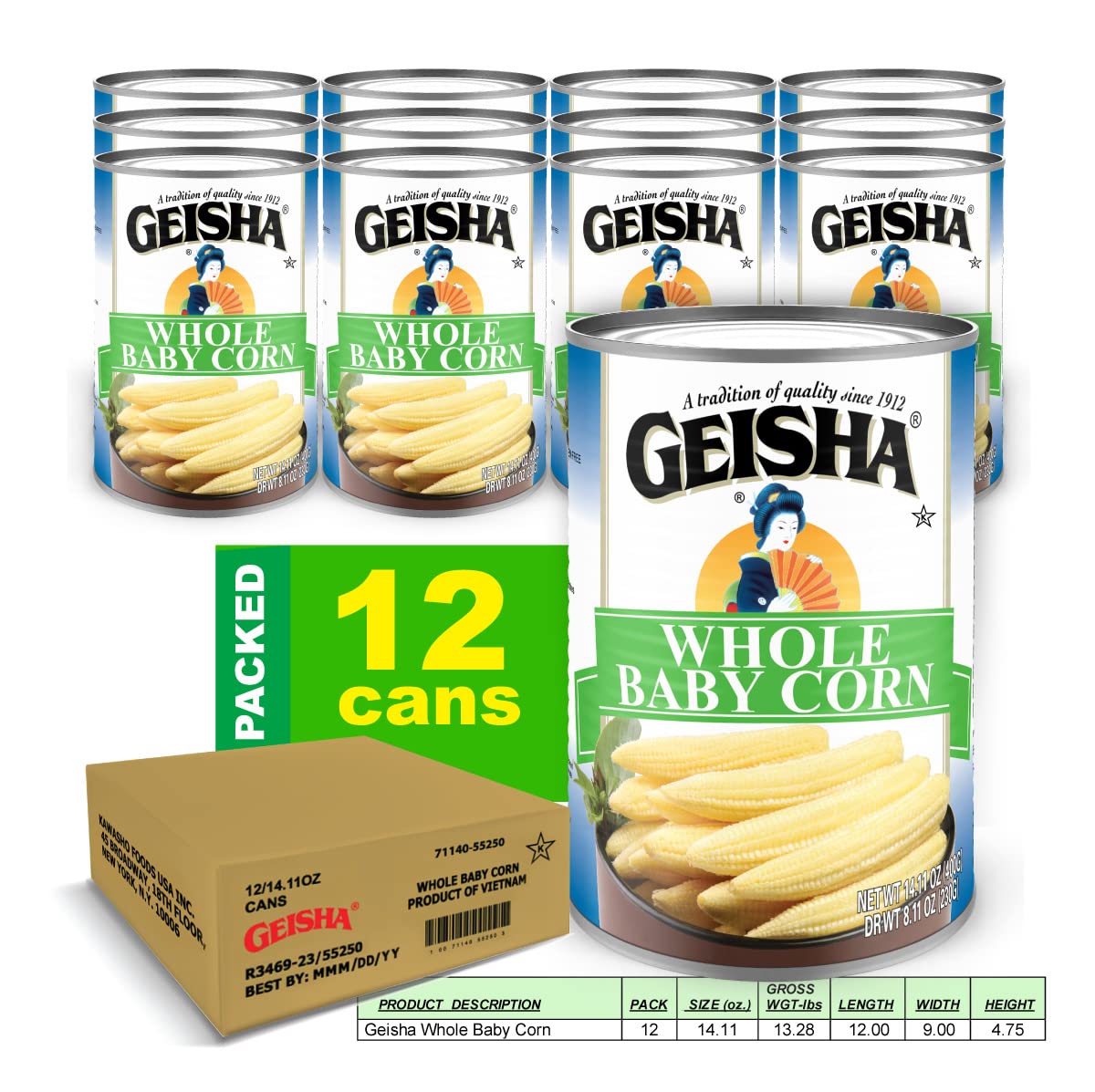 GEISHA Whole Baby Corn 14.11 oz (Pack of 12), Young Corn| Zero Trans Fat – Zero Saturated Fat – Good Source of Fiber – No Sugar Added – Gluten Free