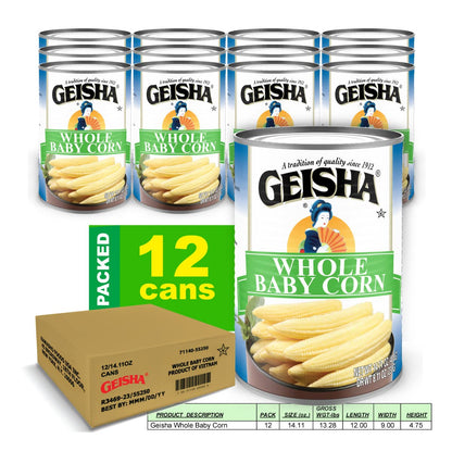 GEISHA Whole Baby Corn 14.11 oz (Pack of 12), Young Corn| Zero Trans Fat – Zero Saturated Fat – Good Source of Fiber – No Sugar Added – Gluten Free
