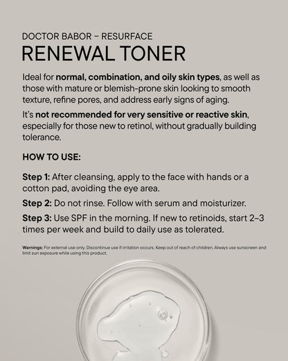 DOCTOR BABOR Renewal Toner, Smoothing & Refining Toner, Rejuvenated Complexion with Retinol & Niacinamides, Even Skin Tone and Texture, 6.76oz