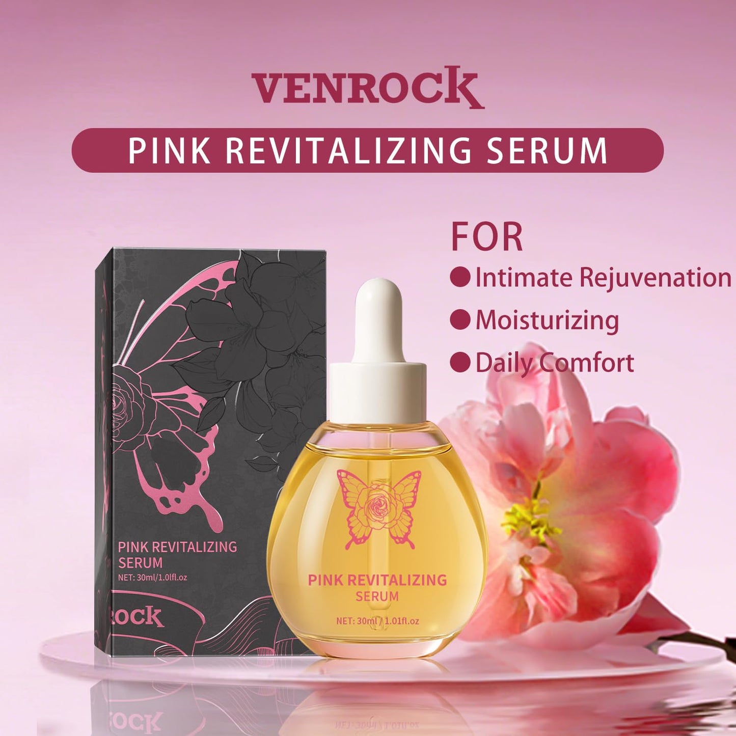 VENROCK Pink Revitalizing Serum for Women, Intimate Moisturizer with Ginseng Extract – pH Balanced, Fragrance Free, Paraben Free, 30ml