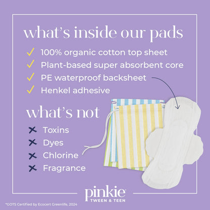 Pinkie Period Starter Pads - Designed for Smaller Underwear - Organic Cotton Topsheet Tween & Teen Pads with Wings - Chlorine Free & Fragrance Free - Teen Combo Pack, 18 Count