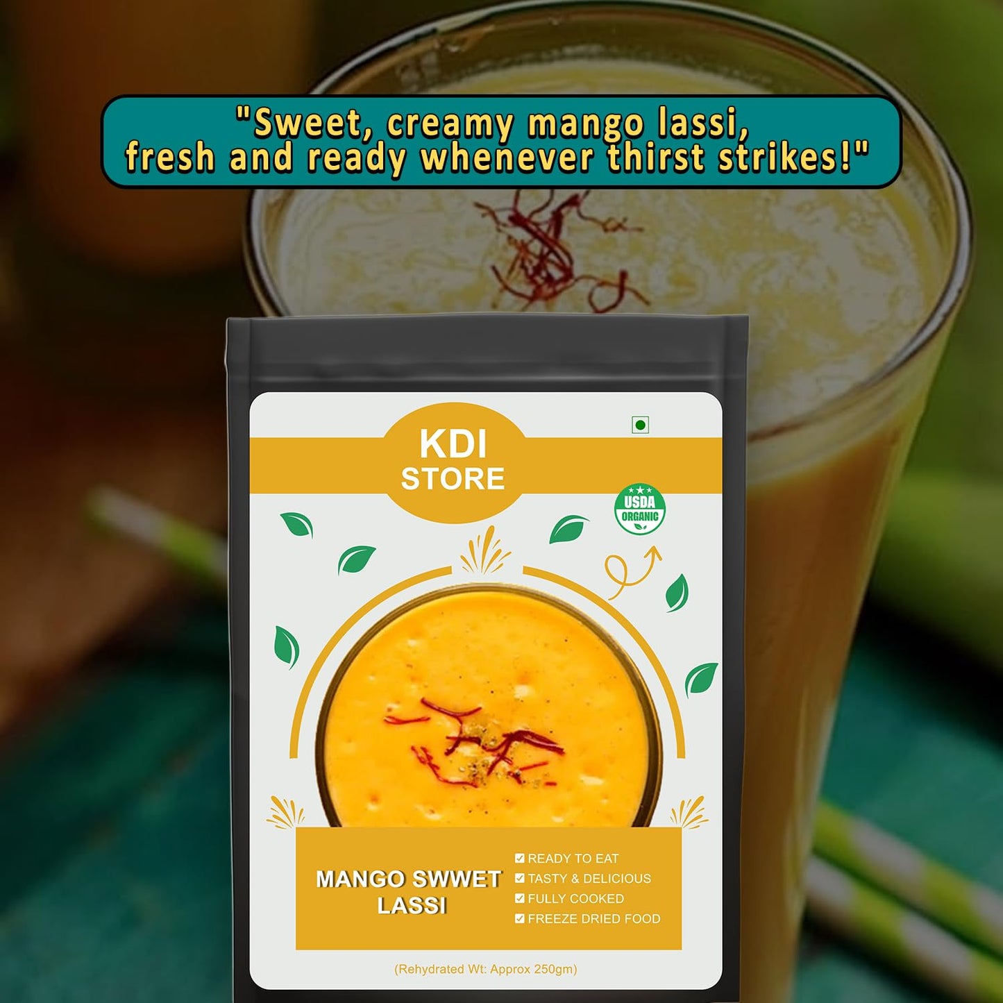 KDI Store Mango Sweet Lassi, Ready to Eat Freeze-Dried Yogurt Drink Mix, 65g, USDA Organic Certified