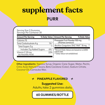 Lemme Purr Vaginal Probiotic Gummies for Women - Balanced pH, Healthy Odor, Yeast Balance & Flora Support + Vitamin C for Immune Health - Tasty Pineapple (60 Count)