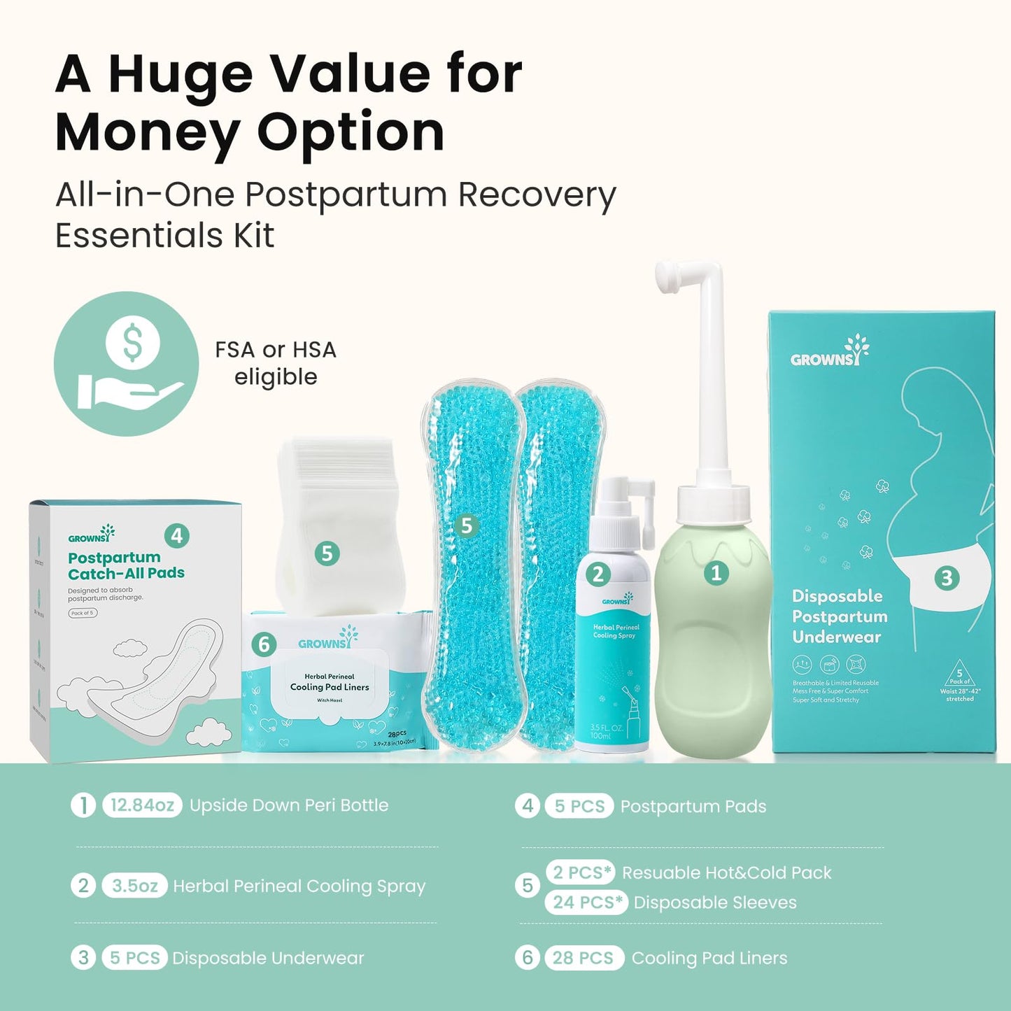 Grownsy 15pc Postpartum Essentials Recovery Kit | Postpartum Kit for Women | Includes 5 Postpartum Pads, 5 Disposable Underwear, 2 Ice Packs, Peri Bottle, Perineal Spray & 28 Cooling Pad Liners