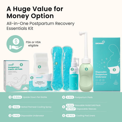 Grownsy 15pc Postpartum Essentials Recovery Kit | Postpartum Kit for Women | Includes 5 Postpartum Pads, 5 Disposable Underwear, 2 Ice Packs, Peri Bottle, Perineal Spray & 28 Cooling Pad Liners