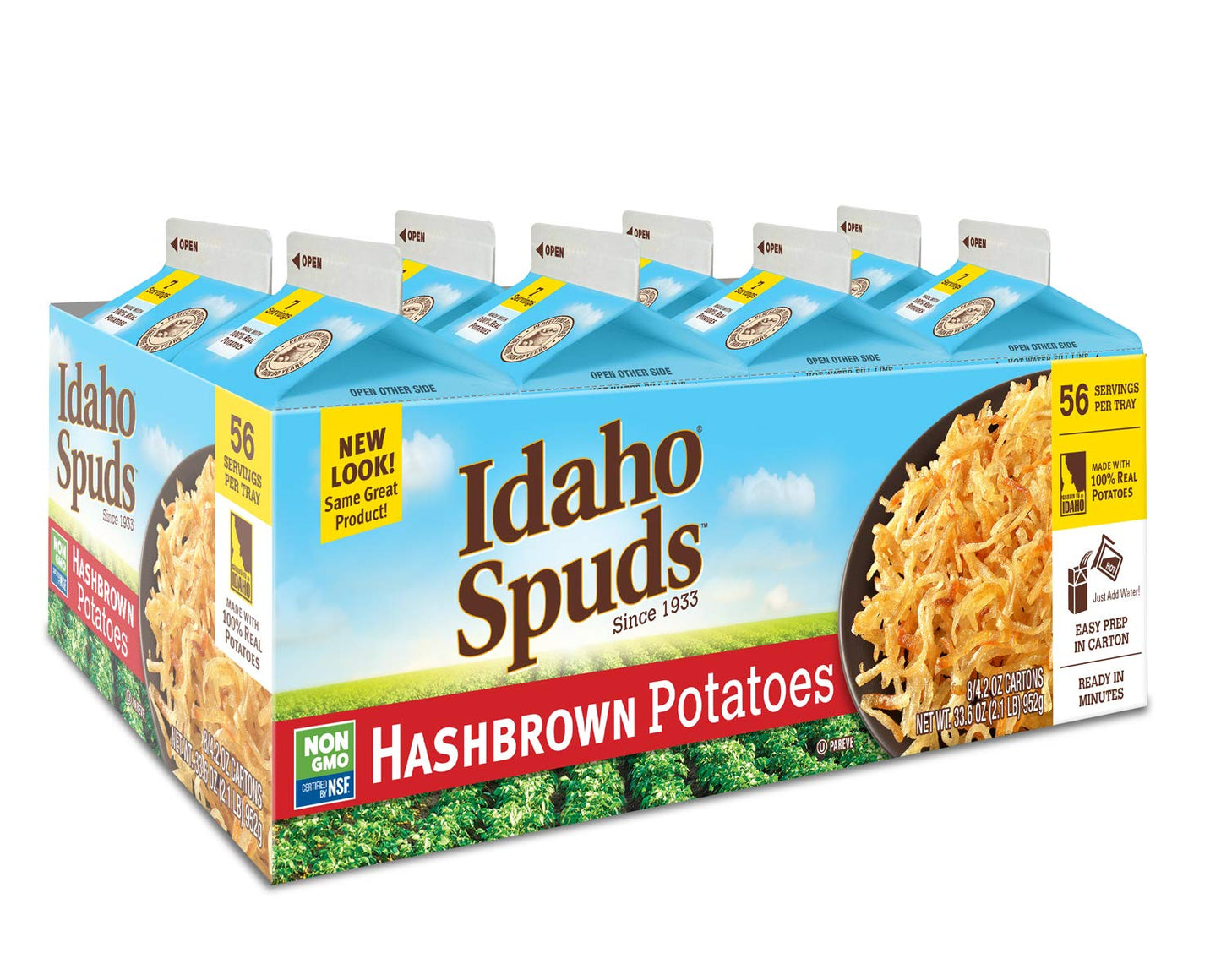 Idaho Spuds Premium Hashbrown Potatoes 4.2 oz | 8 Pack, Made from Real Potatoes | No Artificial Colors or Flavors | Non GMO |Certified Gluten Free, Kosher | 33.6 Ounce