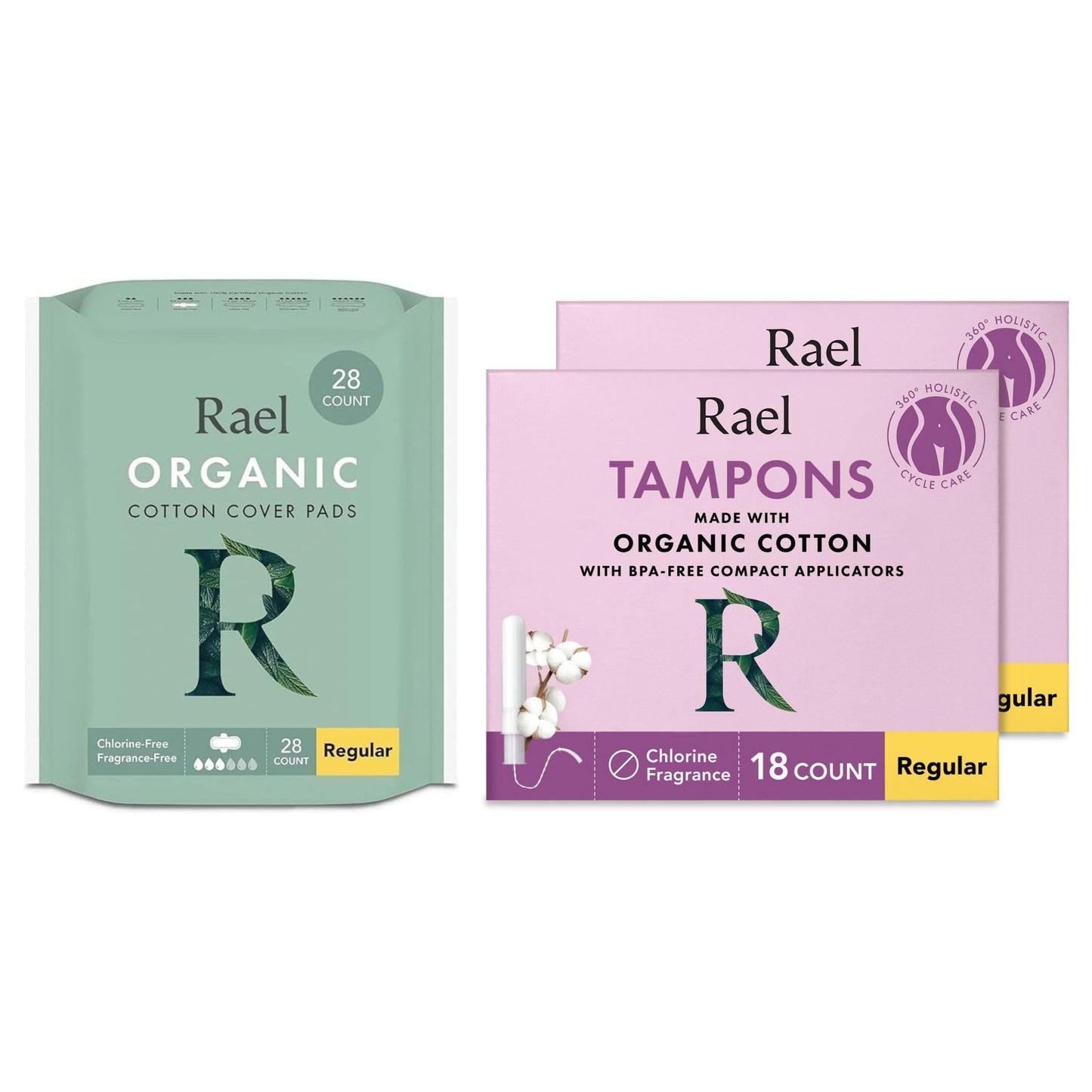 Rael Organic Cotton Cover Regular Pads (28count) & Compact BPA-Free Plastic Applicator Tampons (Regular, 36 Count) Bundle