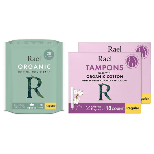 Rael Organic Cotton Cover Regular Pads (28count) & Compact BPA-Free Plastic Applicator Tampons (Regular, 36 Count) Bundle